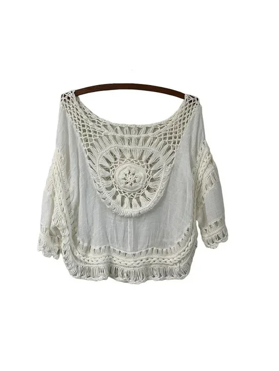 Bohemian Cream Crochet Cropped Hippie Top Size M/L - Picture 1 of 6